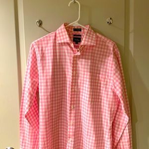 Neiman Marcus trim fit 15 32/33 pink checkered 100% cotton dress shirt